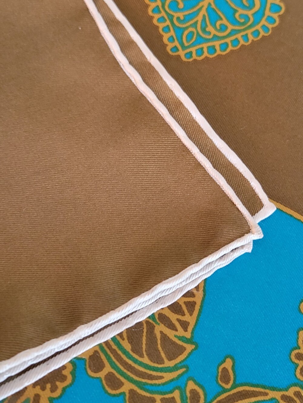 Vintage Silk Scarf in Olive Green and Turquoise,hand Rolled Edges,31X31 Inches. - Picture 6 of 9